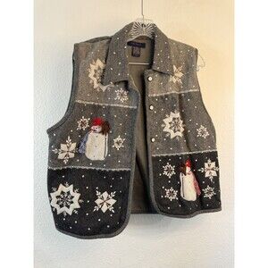 Life Style Vest Womens Large Embroidered Snowman Christmas Vintage Gray Wool